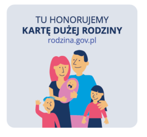 Logo - Tu honorujemy Kartę Dużej Rodziny. Pod tekstem rysunek kolorowy przedstawiający rodzinę - rodzice plus troje dzieci.