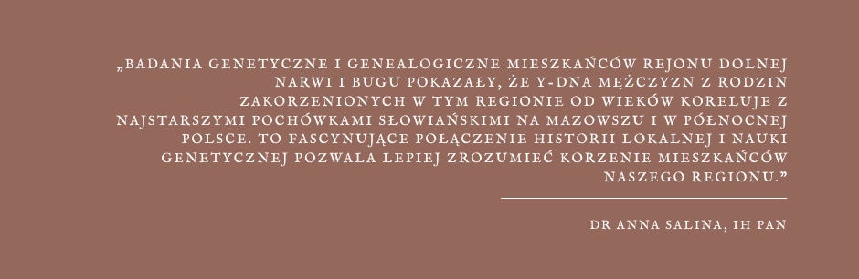 Grafika z cytatem, na jasno brązowym tle fragment wypowiedzi doktor Anny Saliny - Badania genetyczne i genealogiczne mieszkańców rejonu Dolnej Narwi i Bugu pokazały, że Y-DNA mężczyzn z rodzin zakorzenionych w tym regionie od wieków koreluje z najstarszymi pochówkami słowiańskimi na Mazowszu i w północnej Polsce. To fascynujące połączenie historii lokalnej i nauki genetycznej pozwala lepiej zrozumieć korzenie mieszkańców naszego regionu.