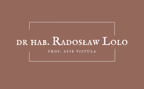 Grafika z linkiem. Na jasnobrązowym tle biały napis - Doktor habilitowany Radosław Lolo, profesor Akademii Finansów i Biznesu Vistula
