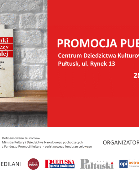 Grafika promująca wydarzenie „Promocja publikacji”. Po lewej stronie znajduje się zdjęcie książki „Smaki Puszczy Białej. Tradycyjna kuchnia kurpiowska” autorstwa Sylwii Słojkowskiej-Affelskiej i Haliny Witkowskiej. Po prawej stronie na czerwonym tle widnieje informacja: „PROMOCJA PUBLIKACJI Centrum Dziedzictwa Kulturowego, Pułtusk, ul. Rynek 13 28 października 2025 r., godz. 17:00”. Na dole umieszczono logotypy Ministerstwa Kultury i Dziedzictwa Narodowego, organizatorów (Muzeum Regionalne w Pułtusku, Gmina Pułtusk, Stowarzyszenie Puszcza Biała – Moja Mała Ojczyzna) oraz patronów medialnych.